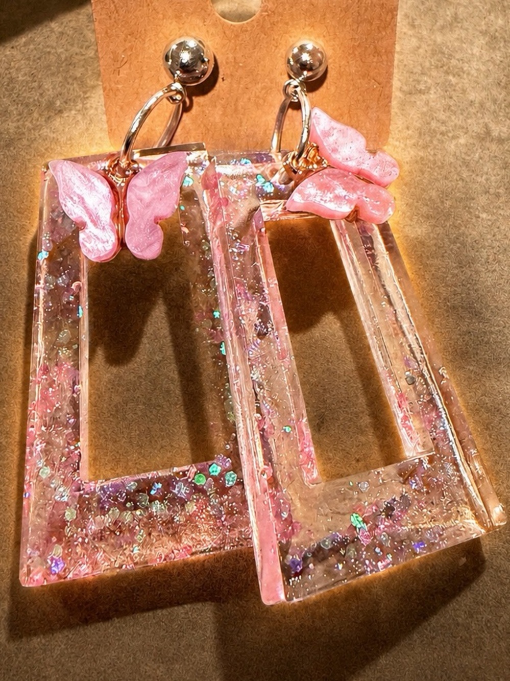 Artisan Pink Glitter Butterfly Resin Rectangle Drop Earrings